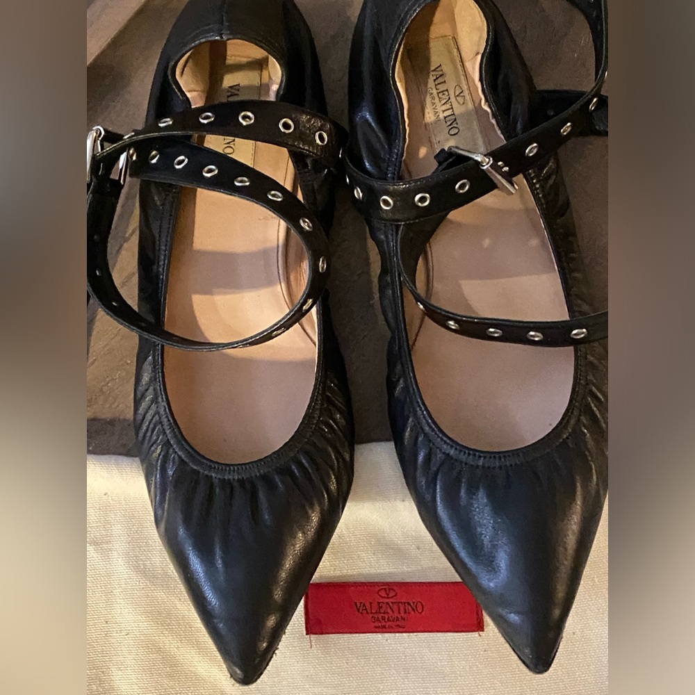 Valentino Women's Black Leather Studded Ankle Wrap Ballet Flats 40